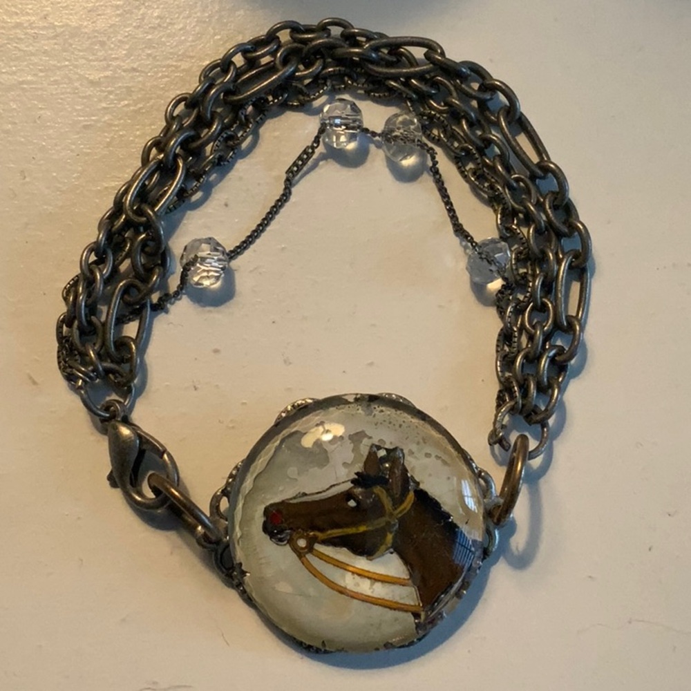 Bracelet Features A Vintage Equestrian Reverse Painted Intaglio Horse 7.5 inches